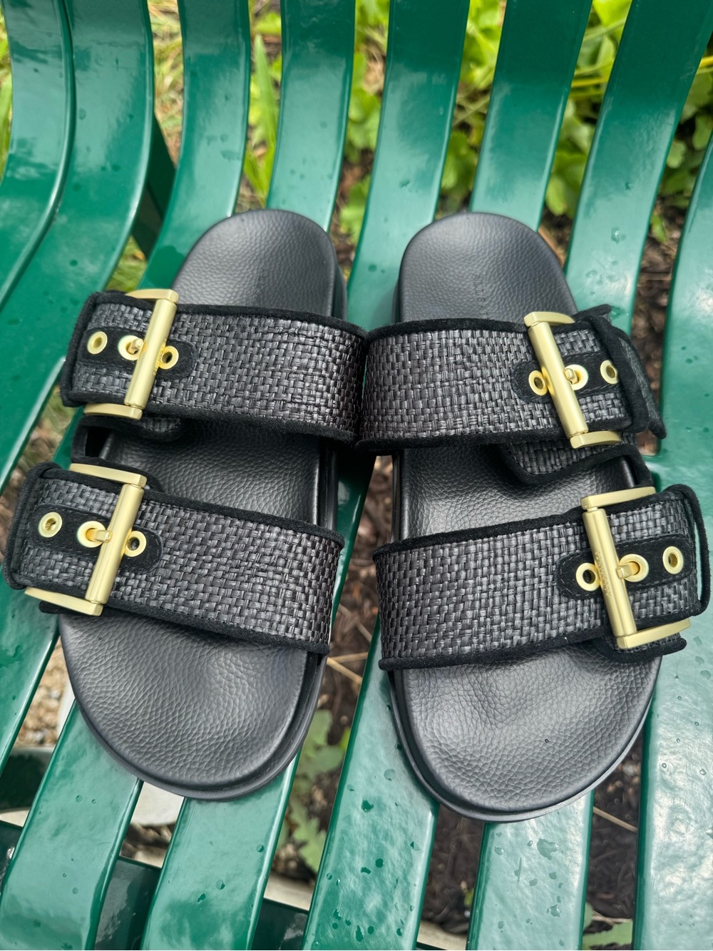NWOT AllSaints Sian Black Woven Double Buckle Slide Sandals with Gold Hardware